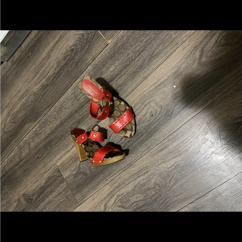 Coach Red Signature-Print Leather Clog Heels